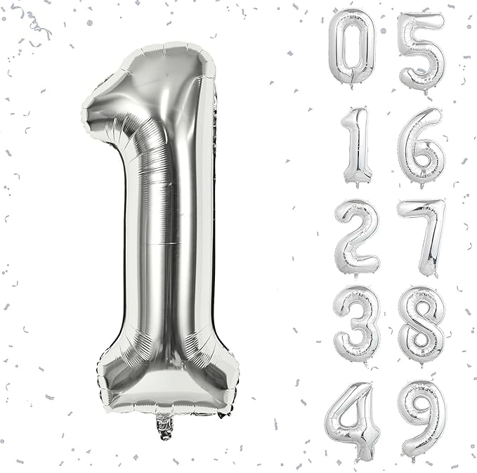 32 In Silver Large Numbers Balloons 0-9, Self Inflating Number 1 Balloons for Boys Girls, Big Silver Digit 1 Balloons for Women Men Birthday Party Anniversary Wedding Supplies Decorations