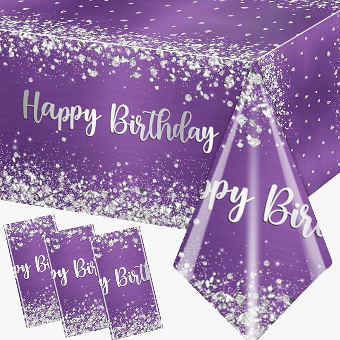 Purple and Silver Birthday Party Supplies,3pcs Purple Glitter Sliver Birthday Party Tablecloth Waterproof pur ple Theme Table Cover for Girl Women Birth Day Supplies
