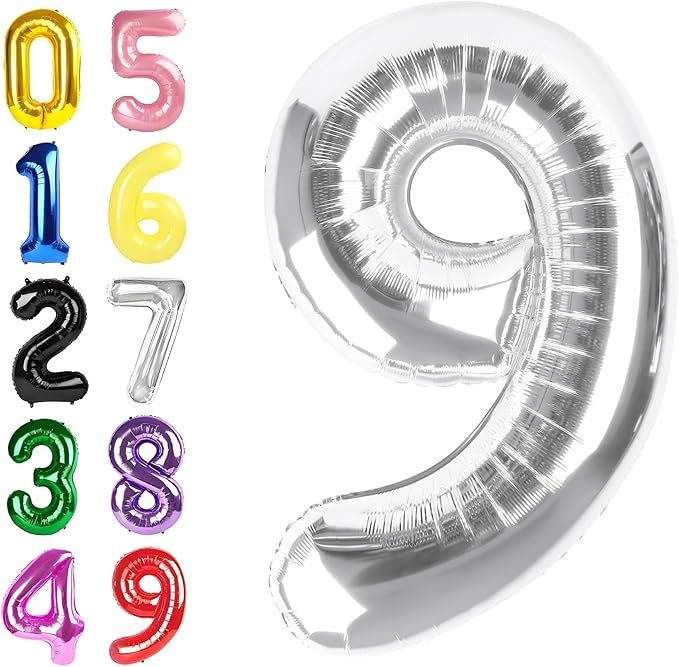 Silver Balloons Numbers 9, Big 40 Inch Happy 9 19 29 90 Birthday for Men And Women, Foil Balloons Decoratins for Wedding Anniversary, Single, New Year, Party Syupplies