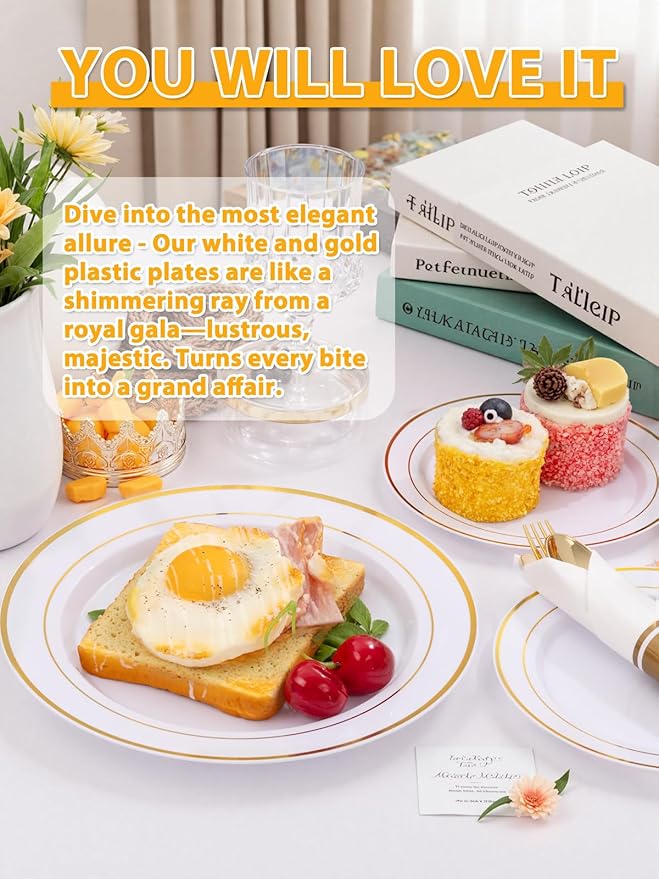 175PCS White and Gold Plastic Plates - Gold Plates with Rolled Napkins for Party - 25Guest Disposable Dinnerware Sets for Wedding Baby Shower Spring Birthday