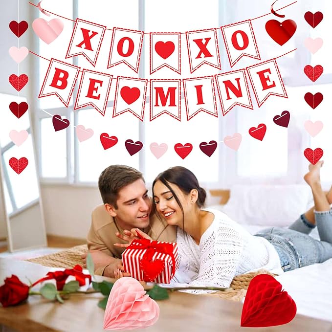 Galentines Party-Decoration Valentines Heart Garland - 25pcs Red Rose-Gold Paper Streamers Honeycomb Fans XOXO BEMINE Banner, Anniversary Baby Shower Wedding Love Hanging Supplies Decor Hugfond