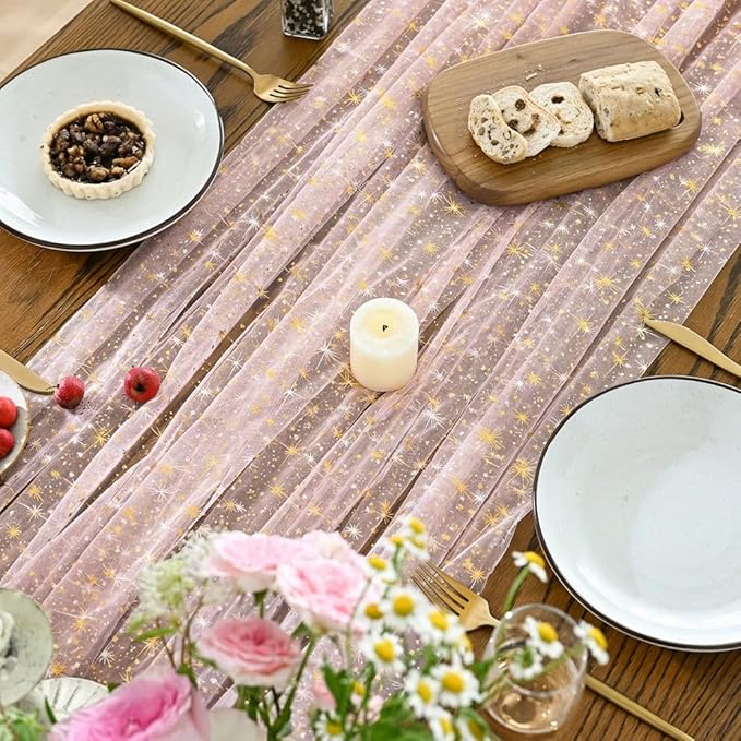 Horaldaily Pink Gold Sparkling Star Gauze Tablecloth 60x84 Inch Rectangular, Golden Star Sequin Glitter Metallic Foil, Sheer Tulle Cheesecloth for Wedding Baby Shower Party