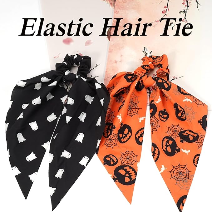 Halloween Hair Ties for Woman Girls Ghost Pumpkin Bat Hair Scrunchies Spooky Spider Web Elastic Ribbon Bow Hair Tie Halloween Party Supplies Hair Accessories 2PCS