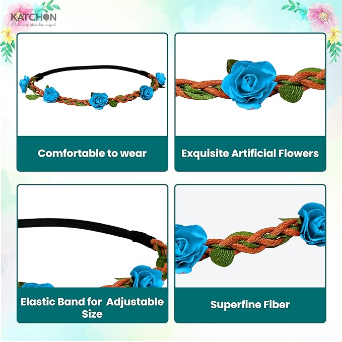 KatchOn, Multicolor Flower Headband- Pack of 6 | Rose Bohemian Flower Crown Headbands for Women and Girls | Bohemian Fairy Ribbon Hair Band for Wedding, Vacation, Fairy Party Photography Props