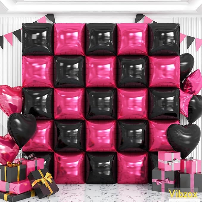Pink and Black Square Foil Balloons Wall, Double Sided Chrome Hot Pink Black Balloons Tunnel Arch Kit Backdrop for Girl Birthday Party Wedding Engagement DIY Hula Hoop Decorations