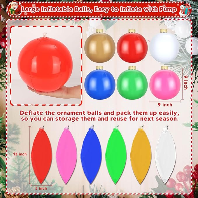 12 Pack Inflatable Christmas Ornaments for New Year Festive, Large Blow up Christmas Balls for Front Door Yard Tree Hanging Decoration (9 Inch)