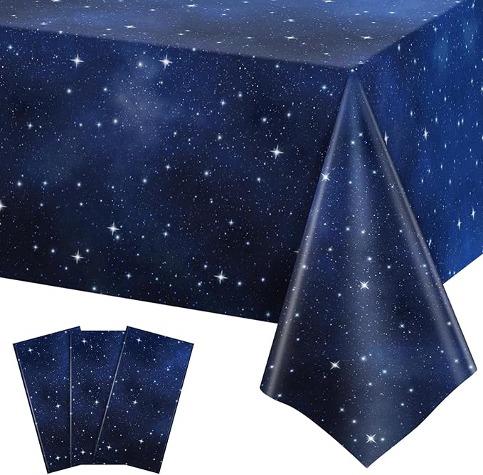 3 Pack Plastic Space Tablecloth, 54 x 108 Inch Disposable Galaxy Themed Tablecloth Waterproof Rectangle Star Party Table Cover for Home Party Decorations