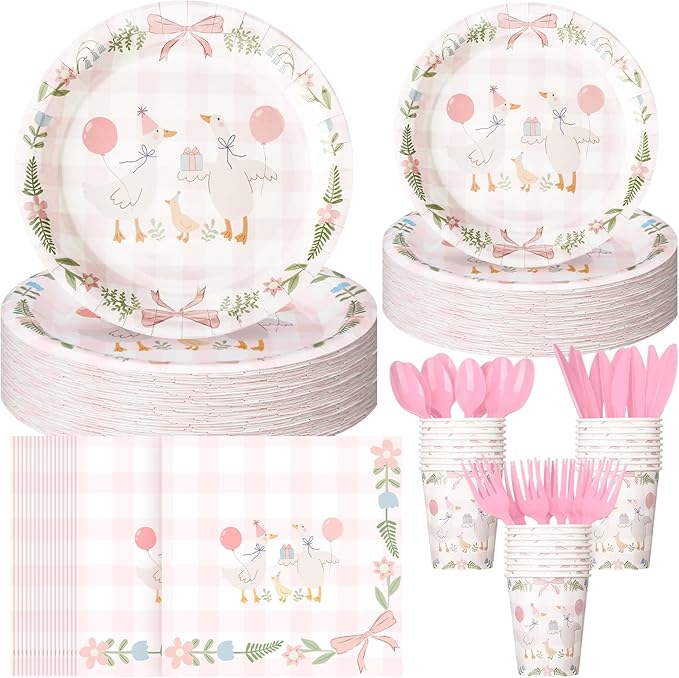 Havawish 175pcs One Silly Goose Birthday Party Tableware Set for 25 Guests - Pink Bow Decor - Includes Plates, Cups, Napkins, Forks, Spoons, Knives