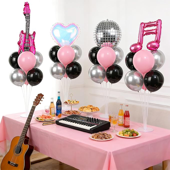 4 Sets Music Party Balloons Stand Kit with Music Note Guitar Disco Ball Colorful Heart Foil Balloons Concert Party Balloon Centerpiece for Tables for Indoor Outdoor Birthday Kpop Decorations