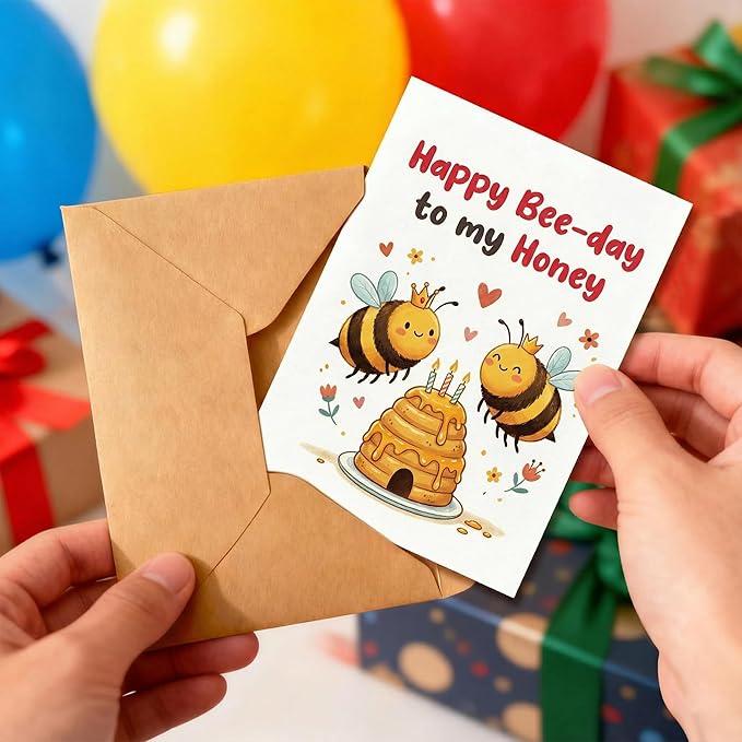 KINGNAME Cute Bee Pun Birthday Card for Wife Husband Girlfriend Boyfriend, Happy Bee-Day to My Honey, Sweet Anniversary Love Greeting Card for Partner