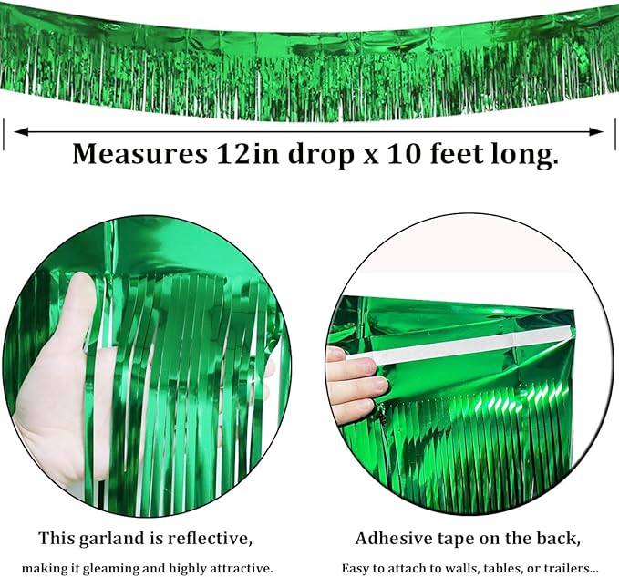 3 Pack Green Total 30 Feet Foil Fringe Garland Metallic Tinsel Banner Wall Hanging Drapes Parade Float Skirting Decorations for Trailer Mardi Gras Party Birthday Wedding Baby Shower (Green)