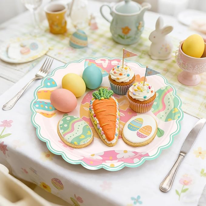 Easter Plates Party Supplies - 168Pcs Bunny Paper Plates and Egg Napkins Cups Cutlery Serve for 24 Happy Easter Rabbit Party Decorations Table Decor