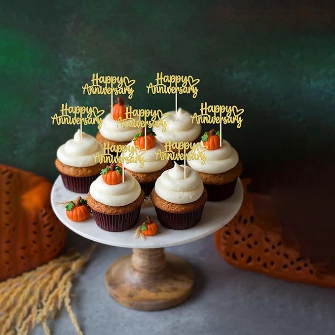 24 PCS Happy Anniversary Cupcake Toppers Glitter Wedding Anniversary Cupcake Picks Baby Shower Birthday Wedding Anniversary Party Cake Decorations Supplies Gold