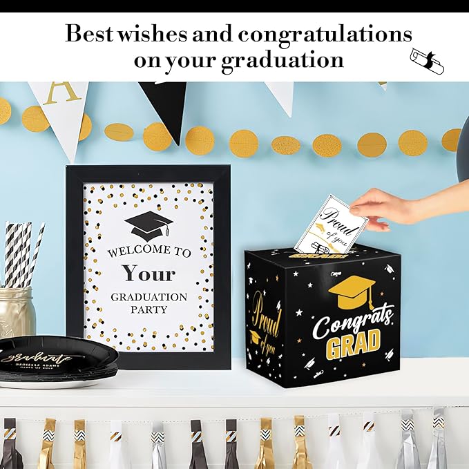 Graduation Card Box, 2026 Graduation Party Decorations, Card Boxes for Graduation 2026, Graduation Box Holder, Grad Box for Gift and Cards, Card Box for Graduation Party Supplies Party Favors, Black