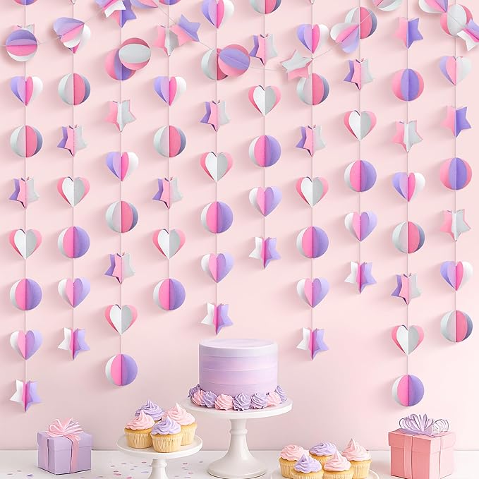 KatchOn, 3D Pink and Purple Paper Garland – Pack of 6 | Garland for Mermaid and Unicorn Birthday Decorations | Happy Birthday Decorations for Girls | Unicorn Party Decorations | Hanging Decorations