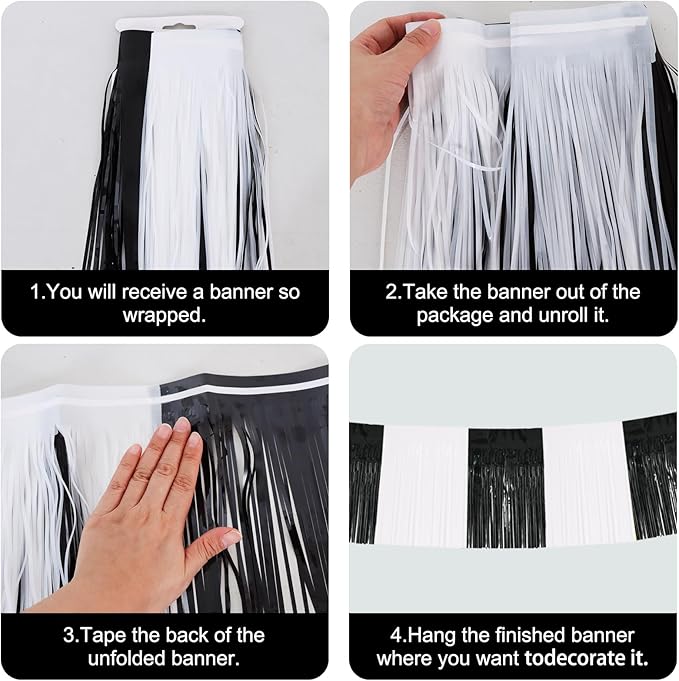 BEISHIDA 3 Packs Metallic Foil Fringe Garland Black White Wall Hanging Tinsel Fringe Banners for Car Floats Bridal Shower Wedding Birthday Graduation Holiday Party Decoration(30 Feet)