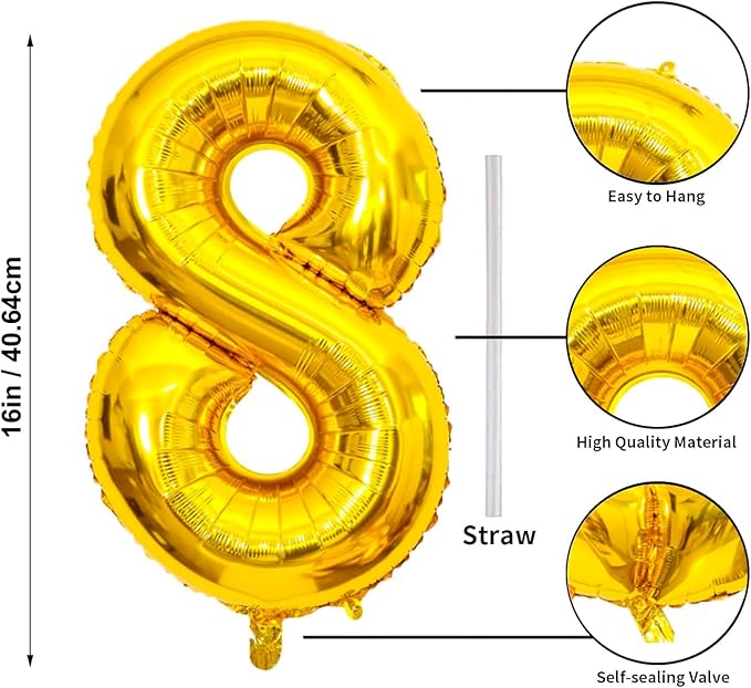 16 In Gold Large Numbers Balloons 0-9, Self Inflating Number 8 Balloons for Boys Girls, Big Gold Digit 8 Balloons for Women Men Birthday Party Anniversary Wedding Supplies Decorations