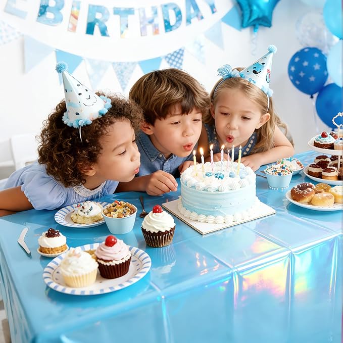3-Pack Blue Iridescent Tablecloths, Holographic Glittering Foil Disposable Tablecloths, 54 Inches x 108 Inches, Suitable for Birthday, Wedding, and Holiday Party Decorations
