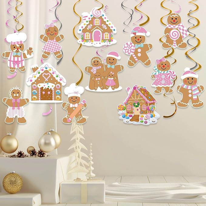 24pcs Pink Gingerbread Party Decorations Hanging Swirls Christmas Gingerbread Streamers Decor for Christmas Birthday Party Supplies