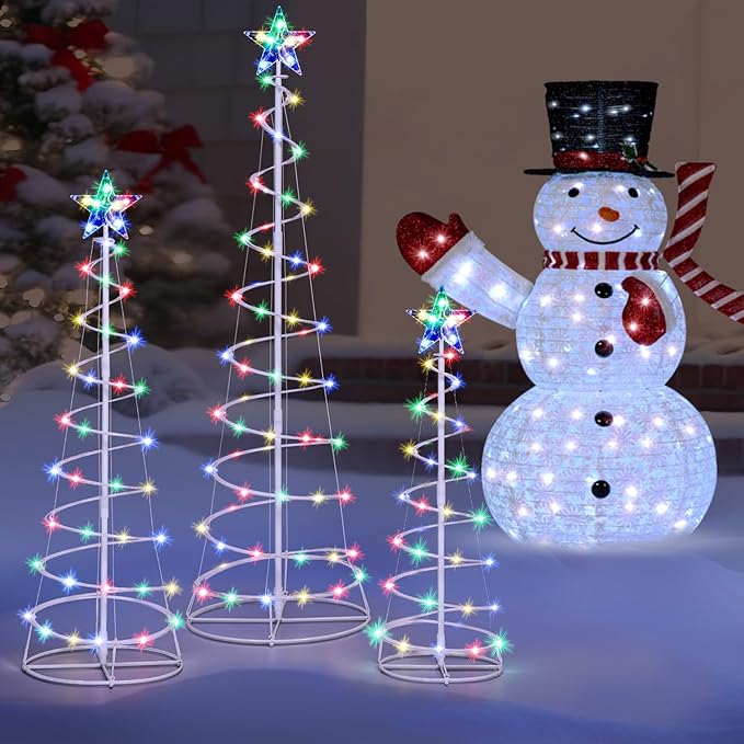 JOIEDOMI 3 Pack Spiral Christmas Tree Lights, 218 LED Outdoor Lighted Tree with Star Topper & Stakes, Christmas Decorations for Yard Porch Patio Garden Holiday Xmas Eve Night Décor, Multicolor