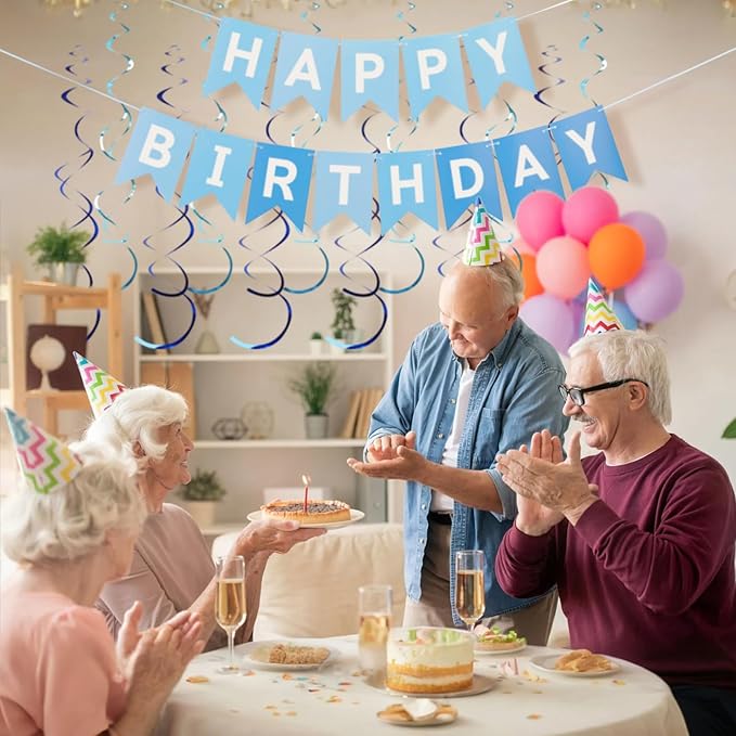 Multi Blue Happy Birthday Banner, Birthday Decorations with Metallic Hanging Swirl, Sign for Backdrop Party Decor, Bunting Banner for Men Women, Birthday Supplies for Boys Girls