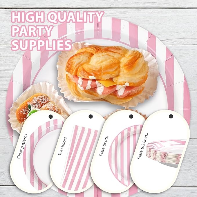 96Pcs Pink Striped Party Supplies Pink and White Stripe Plates and Napkins Disposable Pastel Striped Carnival Decoration Favors for Girls Birthday Wedding Bridal Baby Shower Summer BBQ Party Serves 24