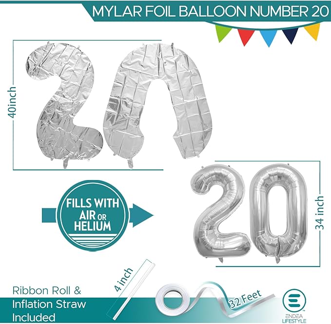 40 Inch Large Number Celebration and Decoration Balloon for Birthday Parties, Graduations, Anniversaries, Weddings, Photo Shoots, Special Events - Helium Foil Mylar (Silver Number 20)