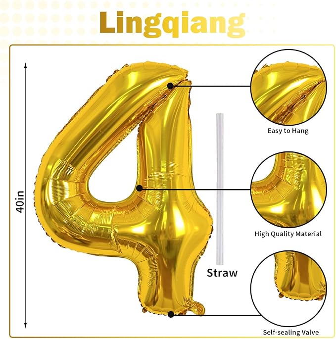 Gold Number 40 Birthday Balloons, 40 Inch Large Gold Mylar Foil Number 4 and 0 Balloons for Women, 40th Birthday Balloons for 40 Year Old Birthday Anniversary Party Decorations Supplies