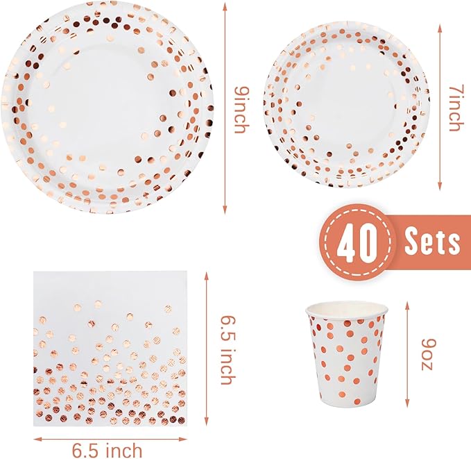 Party Supplies Set - 280 Pieces of White and Rose Gold Dot Paper Plates, Cups, Napkins, and Heavy Duty Silverware for 40 Guests for Birthdays, Graduation, Wedding, Festivals