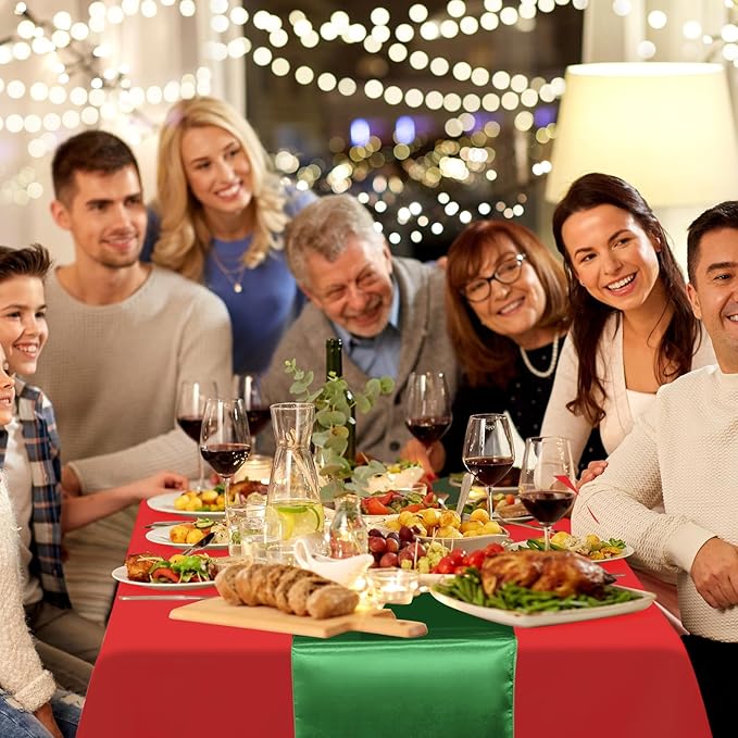 12 Pack 12x108 Inch Satin Table Runner and 84 Inch Rectangle Plastic Tablecloths Set Christmas Red and Green Disposable Table Cloth for New Year Christmas Wedding Holiday Anniversary Party Decorations