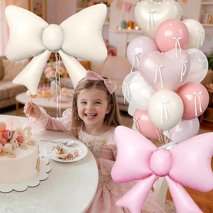 Paready Pink and Cream Heart Balloons, 38 Inch Bow Balloons, Dusty Pink Pearl White Sand White Balloon and Bow Heart Shaped Foil Balloon for Girls Birthday Bridal Baby Shower Valentines Decorations