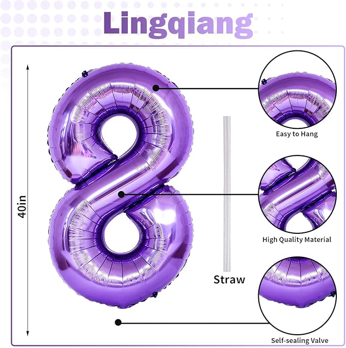 Purple Number 18 Birthday Balloons, 40 Inch Large Mylar Foil Number 1 & 8 Balloons for 18 Year Old Girls, 18th Birthday Party Decorations for Women Anniversary