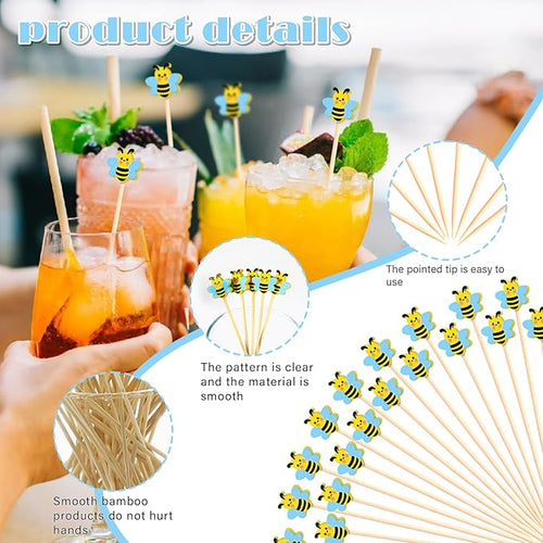 100Pcs Bee Cocktail Picks Cute Honeybee Theme Baby Shower Springtime Decor Long Toothpicks Fruit Sticks Skewers for Appetizer Charcuterie Food Garnish, Spring Decorations Themed Party Supplies