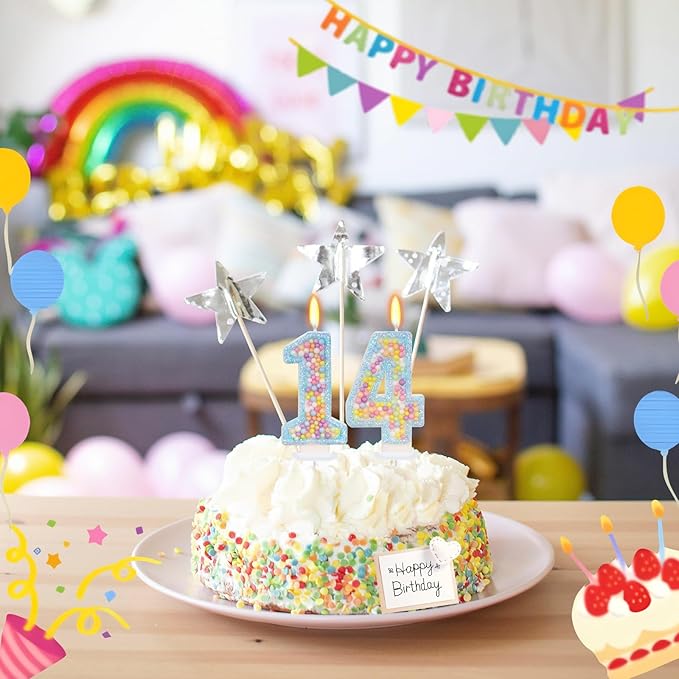 Blue Birthday Candles - Number 14 Candle, Colorful Macaron Candles, 14 Birthday Decorations for Girls Boys, Cake Decorations, Theme Party Supplies (Blue)