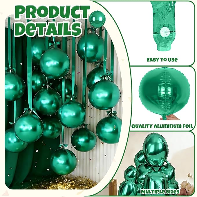 Biapian 12Pcs Emerald Green Round Balloons Foil, 22" 18" 15" 10" 4D Sphere Shaped Ball Balloon, Large Metallic Green Balloons for Wedding Prom Jungle Baby Shower Birthday Party Decorations Backdrop