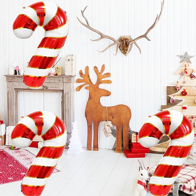Candy Cane Balloons Christmas Balloons Candy Cane Foil Balloon for Christmas Birthday Party Supplies Decorations Xmas New Year Decor Ballons Arch Kits Party Balloon Set 3pcs
