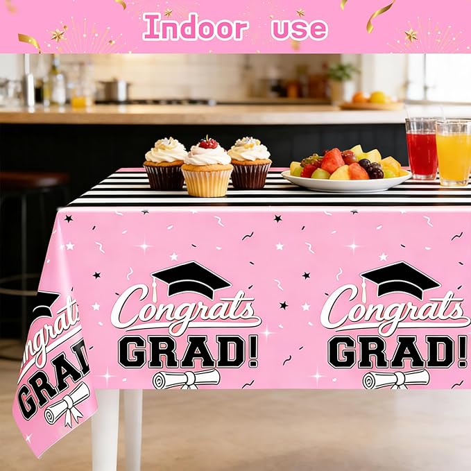 7-Pack Graduation Party Decorations Set, 3 Pink Graduation Tablecloths 54x108in, 2026 And GRAD Balloons, 2 Foil Fringe Curtains for High School College Graduation Party Photo Booth