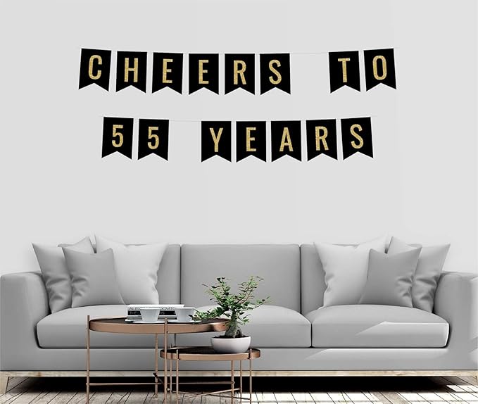 Andaz Press Faux Gold Glitter on Black Birthday Party Banner Decorations, Cheers to 55 Years, Approx 5-Feet, 1-Set, 55th Birthday Milestone Colored Hanging Pennant Decor