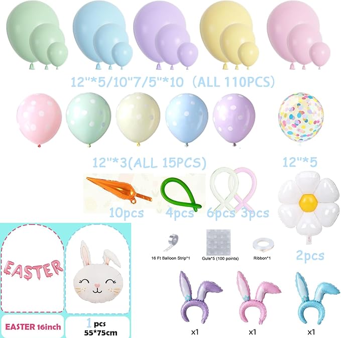 Bonropin 162pcs Easter Balloon Arch Kit - Pastel Balloon Garland with Bunny, Ears, Daisy Foil, Printed Balloons for Baby Shower Party, Spring Birthday, Easter Decorations