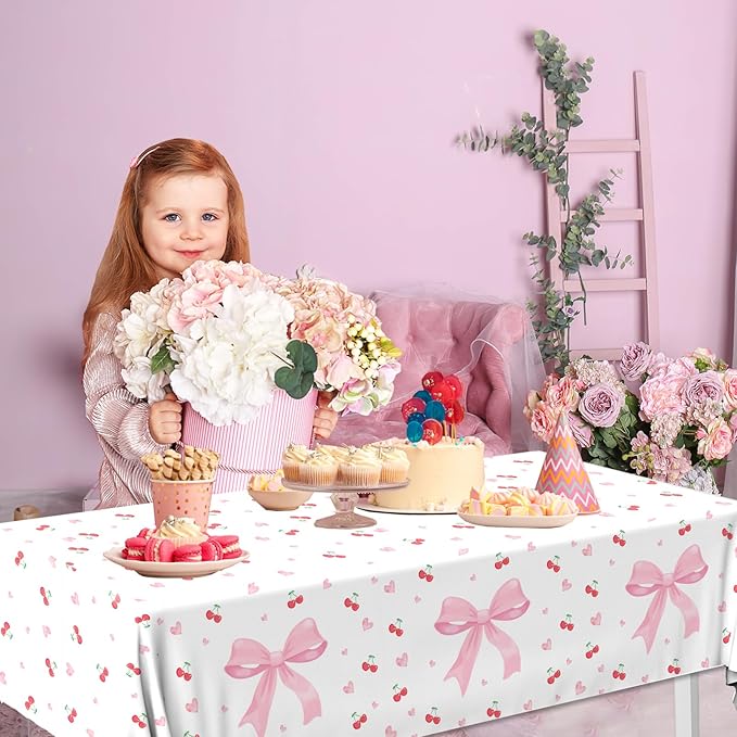 Bow Table Cloth,2 PCS Cherry Tableclothes,Pink Bow Waterproof Disposable Plastic Tablecovers for Birthday Bridal/Baby Shower Cherry-Themed Party Decor