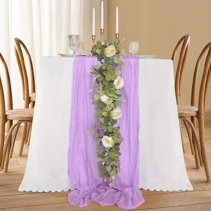 Lilac Table Runner, 10FT Rustic Gauze Lavender Table Runner 35*120inch Boho Table Runners for Wedding Bridal Shower Baby Shower Table Centerpiece Decorations