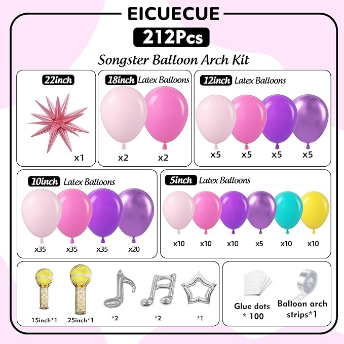 Music Hunter Balloon Arch Kit - 212Pcs Pink, Purple, Hollow Star, Microphone, Music Notes Balloon Garland Kit for Music Prom Fan Gatherings Girls Birthday Singer Kpop Theme Party Decorations