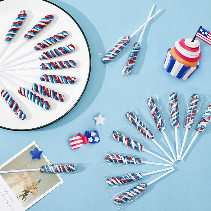 Red White and Blue Twisty Lollipops Individually Wrapped Twist Suckers Bulk for Party Favors Kid's Lollipop Candy for Birthday Blueberry Flavors 30 Pack