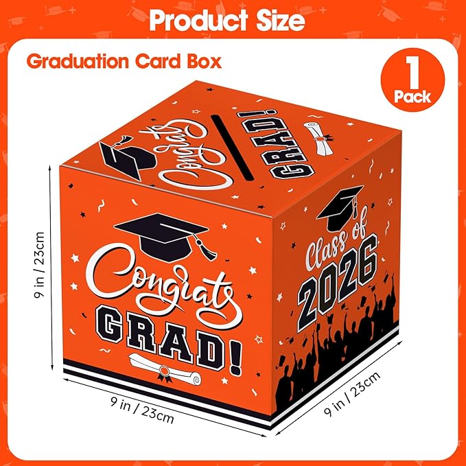 Graduation Card Box 2026 - Congrats Grad Card Boxes Holder, Orange Class of 2026 Graduation Gift Cards Box for Graduation Party Decorations 2026 Favors Decor Supplies Props, 9x 9 x 9 inches