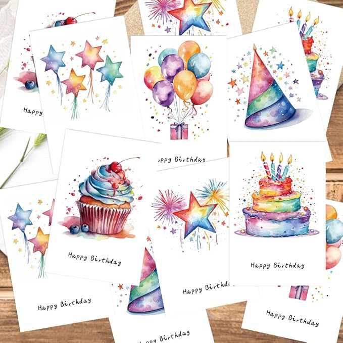 Birthday Cards Pack of 12,Birthday Cards Bulk for Women Men Kids Assorted Birthday Greeting Cards for Kids Assortment, 12 Card with Envelopes (Cartoon cake)