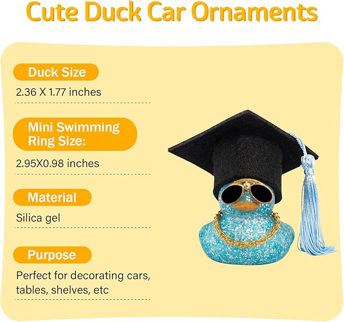 wonuu Car Dashboard Decor Graduation Hat Color Rubber Duck, Car Ducks Ornaments with Mini Graduation Hat Necklace Sunglasses (Light Blue)