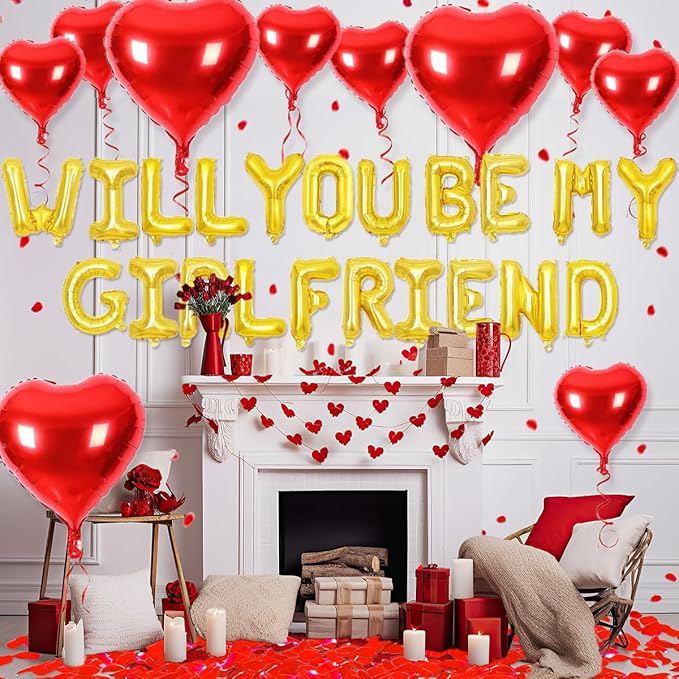 2 set 16 inch Will You be My Girlfriend Balloons and Heart Balloons with 1000 Pieces Rose Petals, Gold Letter Balloon for Her Valentines Day Decorations Wedding Anniversary Engagement