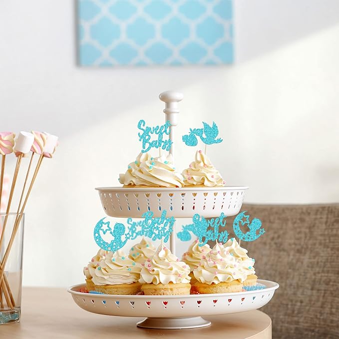 24Pcs Sweet Baby Boy Cupcake Toppers Blue Glitter Moon Star Baby Shower Cupcake Picks Decorations for Gender Reveal Baby Shower Kids Boys Birthday Party Supplies