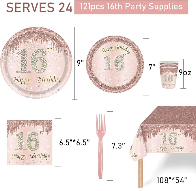 121Pcs 16th Birthday Party Supplies Plates Napkins Cups Forks Tablecloth Rose Gold Happy 16th Birthday Themed Disposable Tableware Decorations Serves 24 Guests for Girls 16 Years