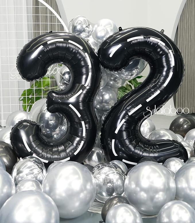 Race Car 40Inch Black 32 Balloon Number Large Helium Race Track 0-9 Giant Digital 32nd Foil Mylar Big Party Number Balloons for Boy Birthday Car Theme Party Anniversary Graduation Decorations